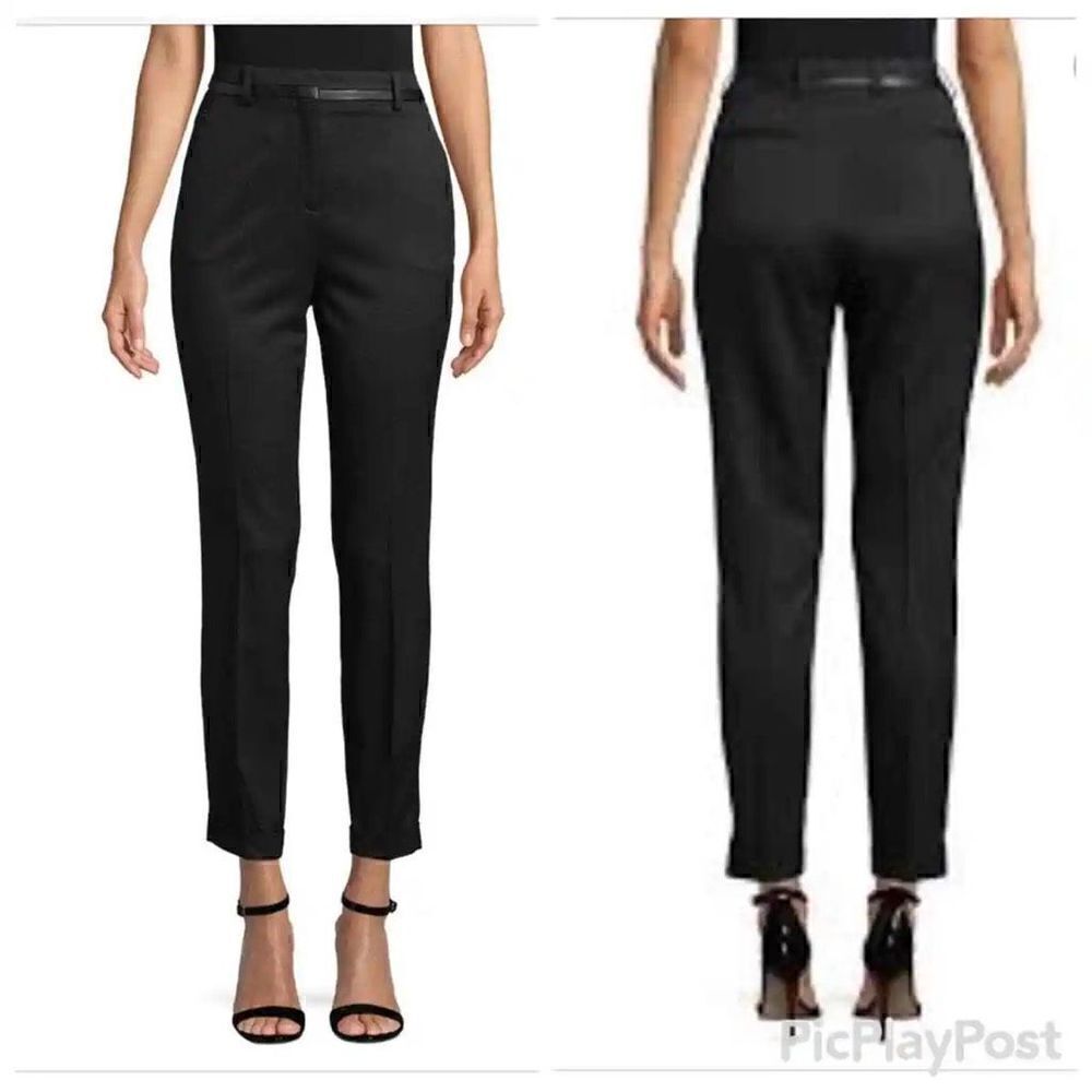 The Kooples Women's High Waist Leather Trim Stretch Wool Black Trousers Sz 34